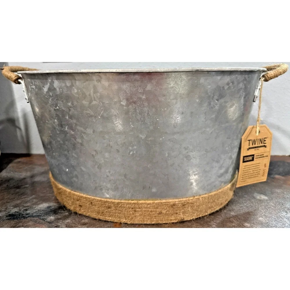 Seaside Galvanized Metal Beverage Tub Jute Rope Handles Farmhouse Ice Bucket
